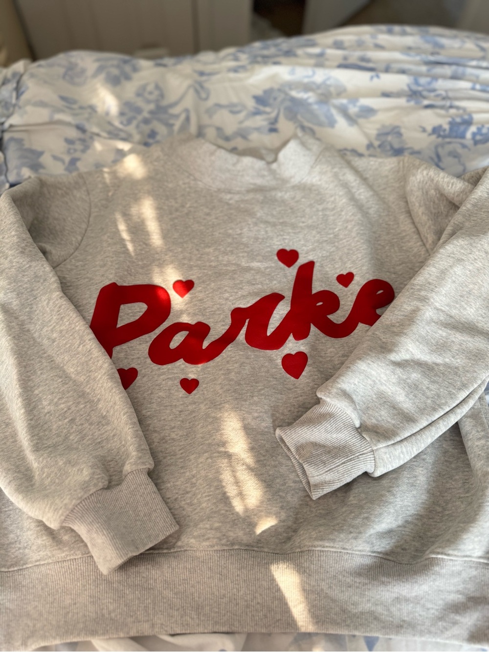 Gray Crewneck Sweatshirt with Red Heart Script